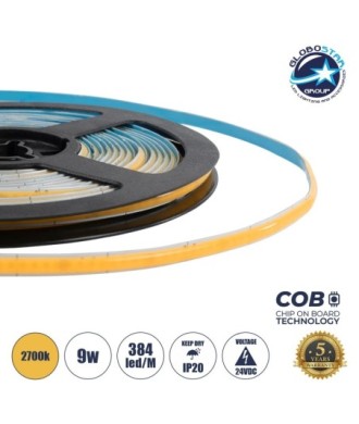 GLOBOSTAR® BEE 70357 Ταινία LED 9W-m 810lm-m 120° DC 24V IP20 384 x COB Chip-m Θερμό Λευκό 2700K Dimmable - Sanan COB Chip - Μ500 x Π0.5 x Υ0.2cm - Ρολό 5 Μέτρων - 5 Χρόνια Εγγύηση